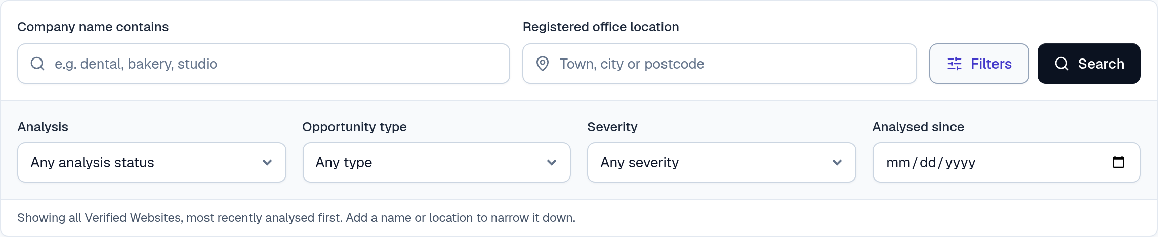 ClientFinch search controls for company name, registered office, analysis status, opportunity type, severity and analysis date.